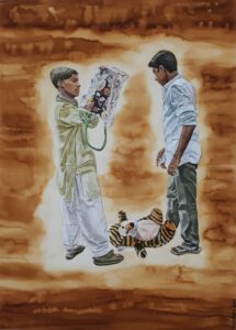 Soft toys seller in empty landscape